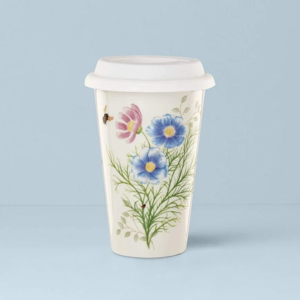Lenox | Blue and Pink Hummingbird Butterfly Meadow Flutter Thermal Travel Mug
